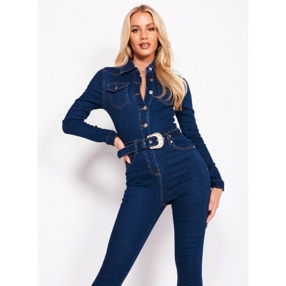 Blue Denim Jeans Long Sleeve Belted Bodycon Jumpsuit Playsuit - Picture 8 of 13